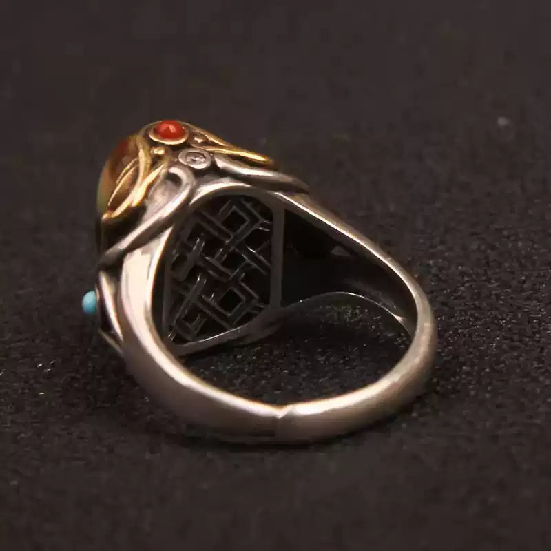 Third Eye Armor® Tibetan Dzi Ring with Three-Eyed Bead, Turquoise & Silver Inlay