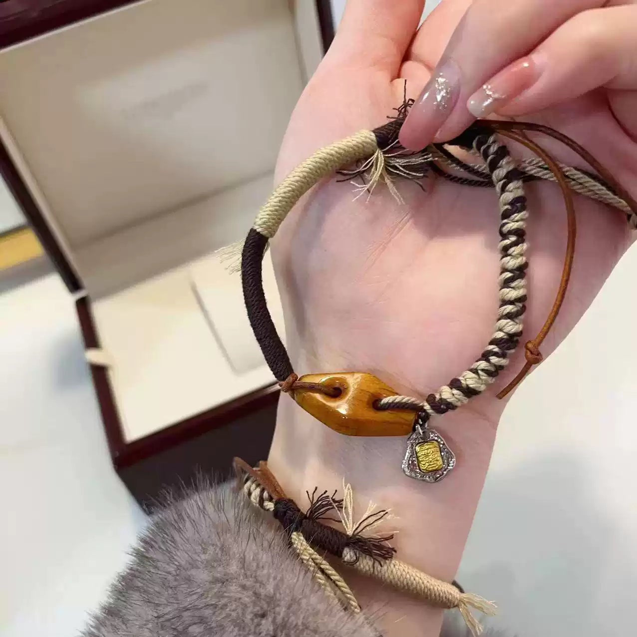 Tibetan Hand-Knotted Bracelet with Aged Bone Beads & Zakiram Charm