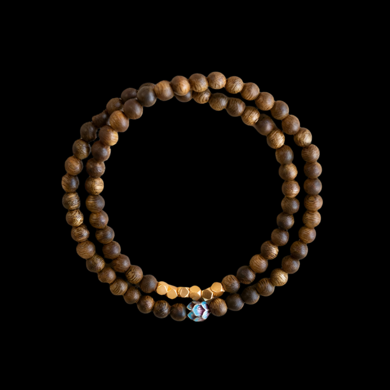 Sandalwood Triple-Wrap Bracelet with Brass and Enamel Lotus Bead