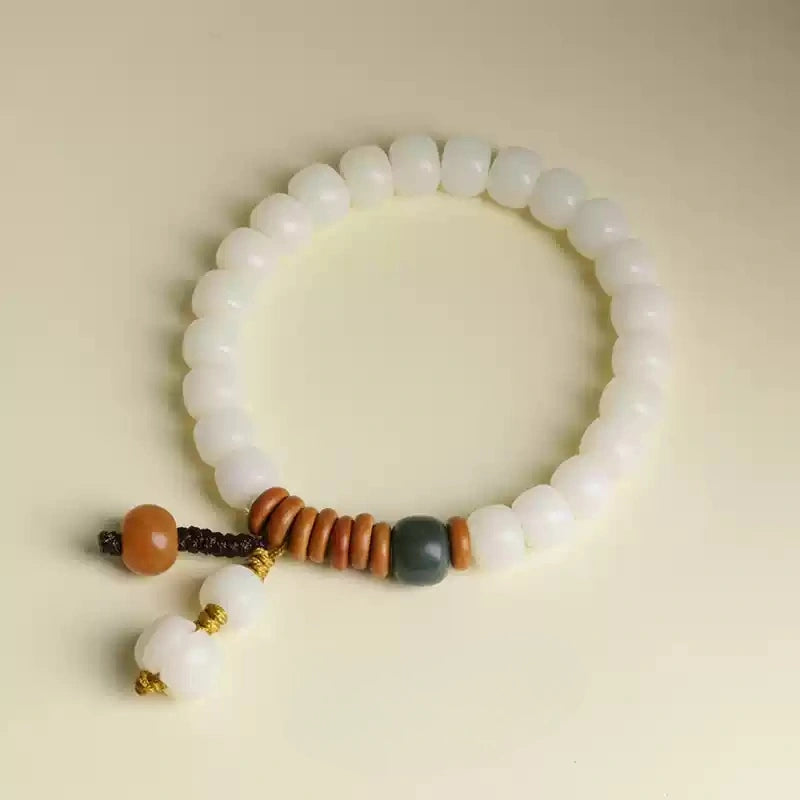 Tibetan White Bodhi Seed Bracelet with Jade & Ceramic Charms
