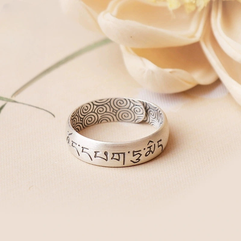 Tibetan Six-Word Mantra Wide Band Ring in Pure 999 Silver