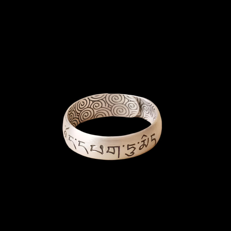 Tibetan Six-Word Mantra Wide Band Ring in Pure 999 Silver
