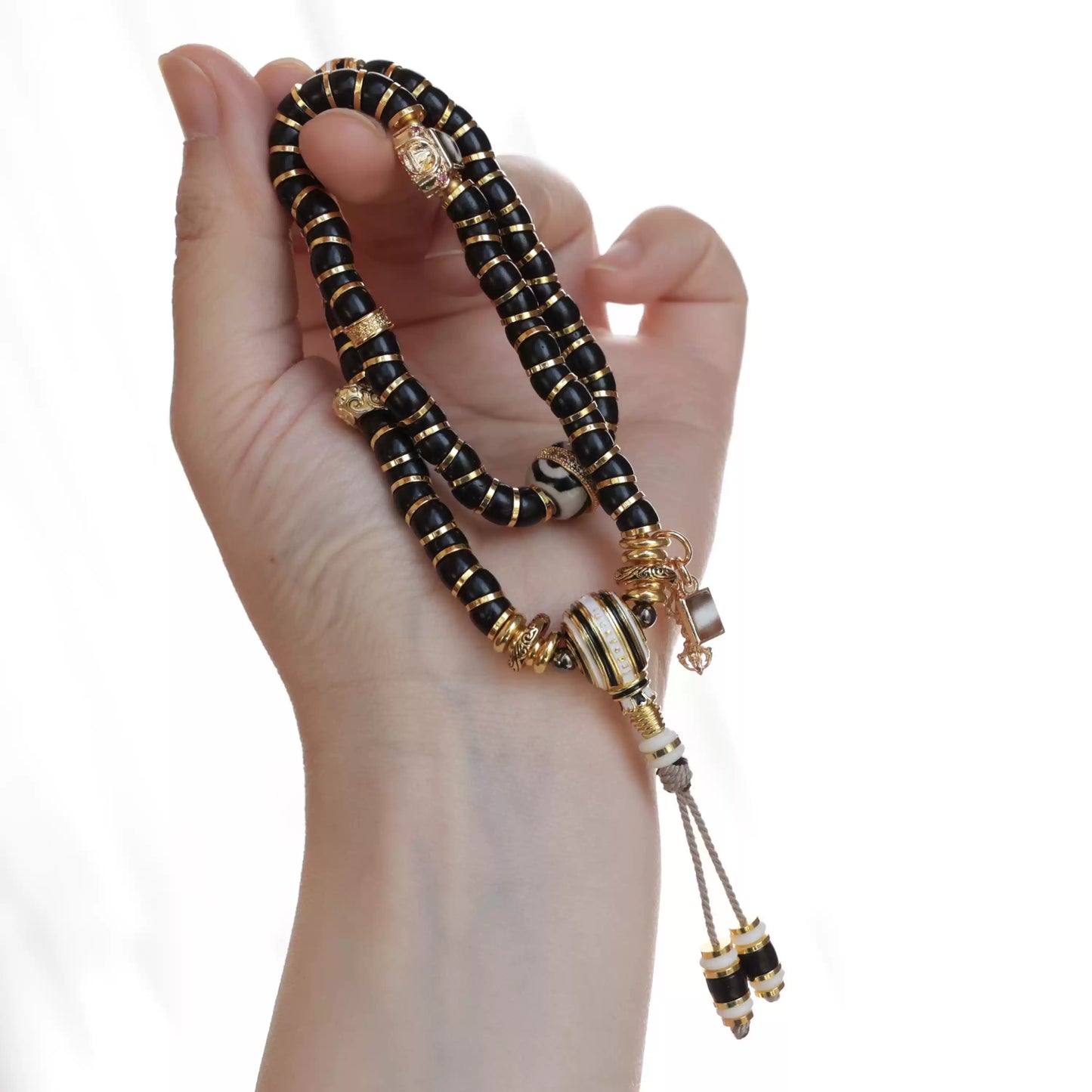 Tibetan Coconut Shell Double-Wrap Bracelet with Brass Accents