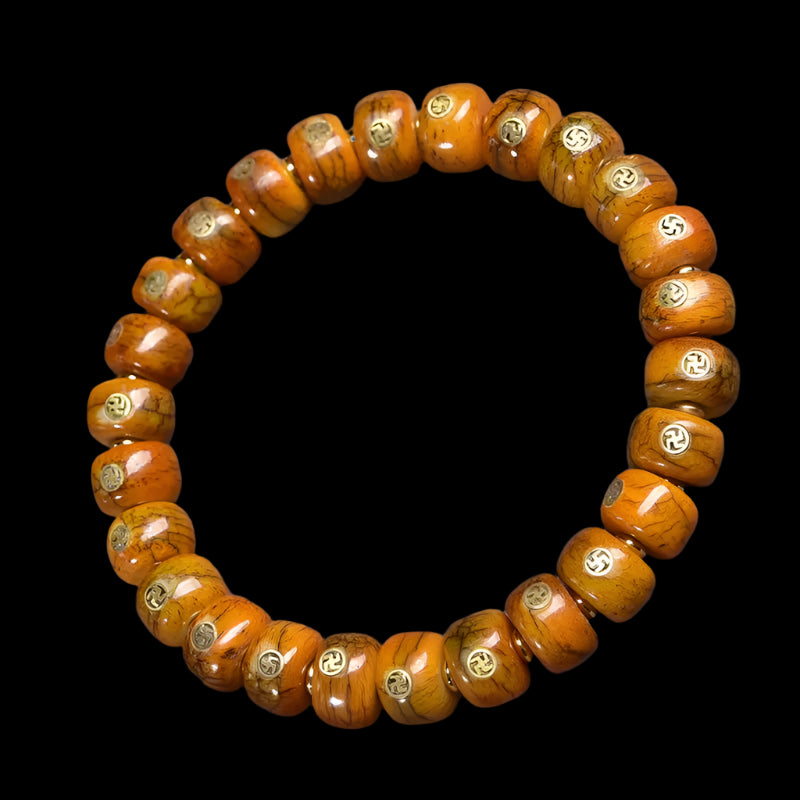 Tibetan Yak Bone Bracelet with Brass Swastika Inlay and Buddhist Accents