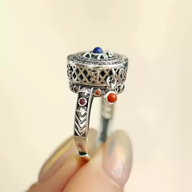 Tibetan S925 Silver Spinning Ring with Lapis and Six-Word Mantra
