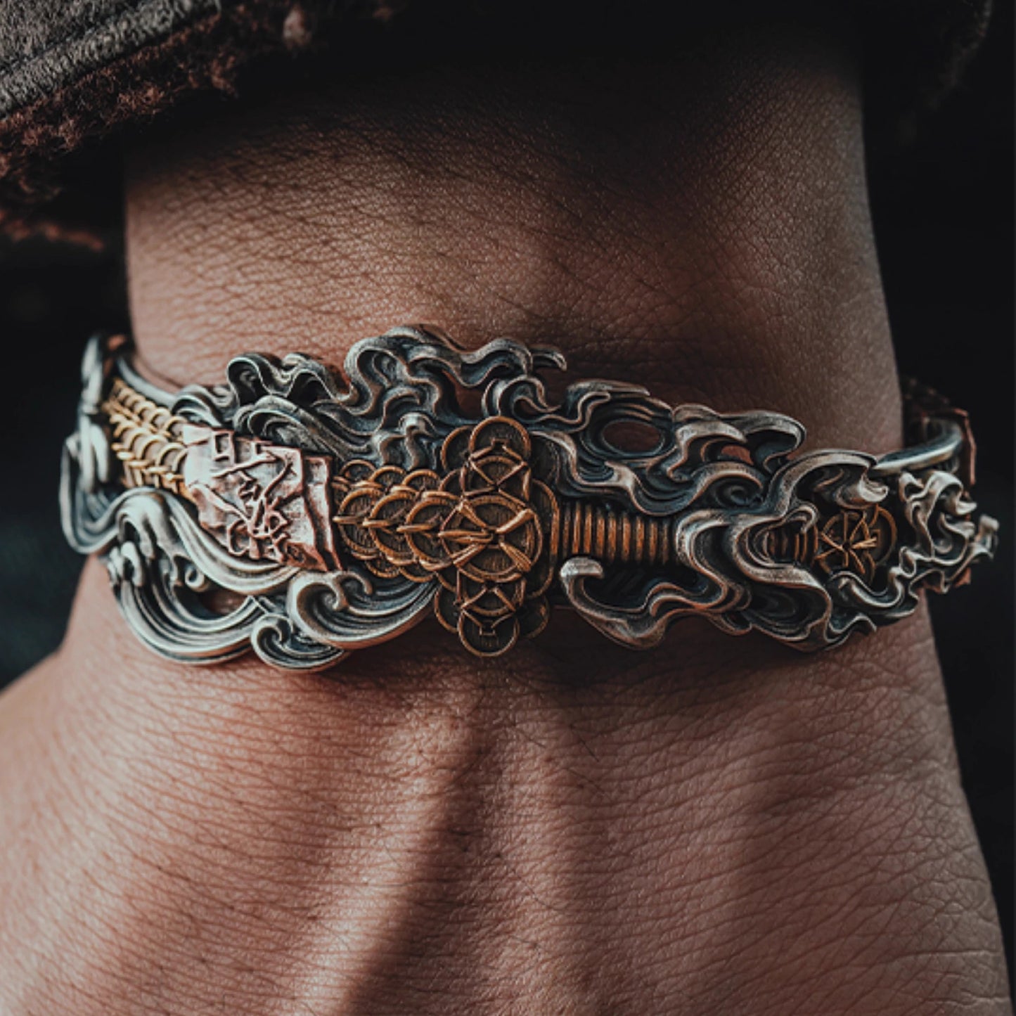 Tibetan Silver & Copper Bracelet with Coin & Sword Design