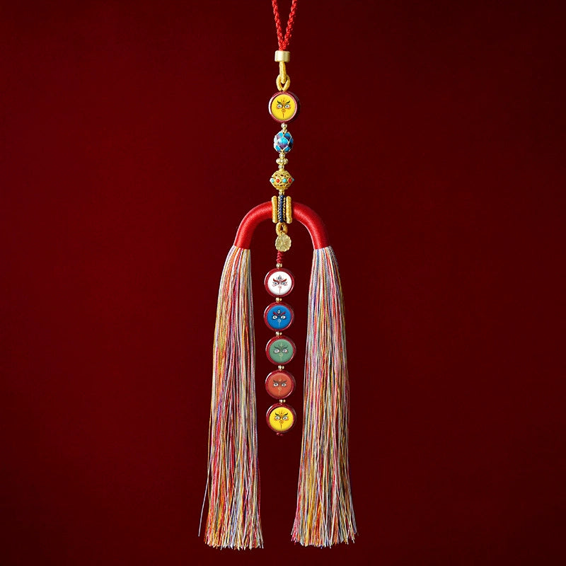 Five-Way Wealth God Sandalwood Tangka Car Pendant – Handwoven Spiritual Charm