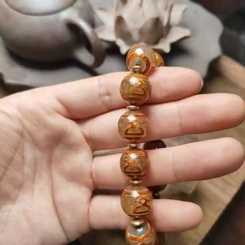 Tibetan Agate Bracelet with Red-Skin Dzi & Fortune Symbols