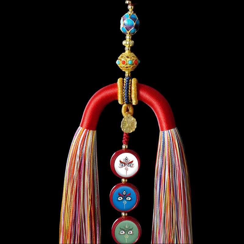 Five-Way Wealth God Sandalwood Tangka Car Pendant – Handwoven Spiritual Charm