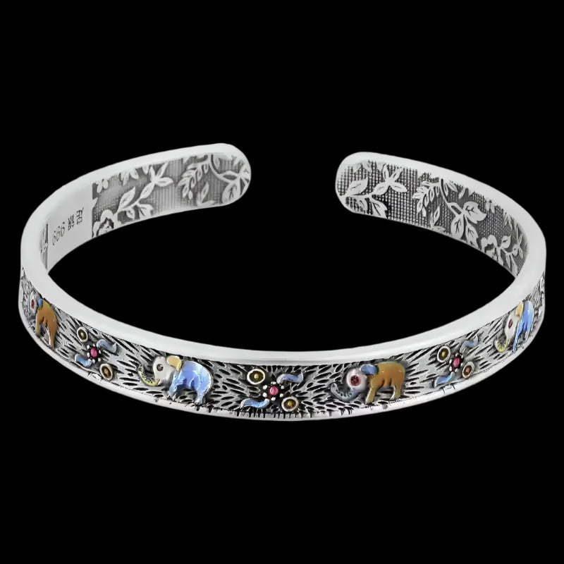 Enamel Elephant Silver Bangle with Vintage Floral Talisman