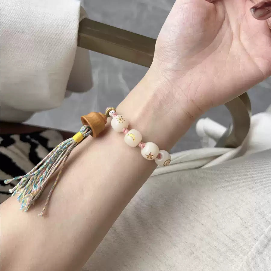 Funky Punky® White Bodhi Bead Bracelet with Sandalwood Bell and Celestial Motifs
