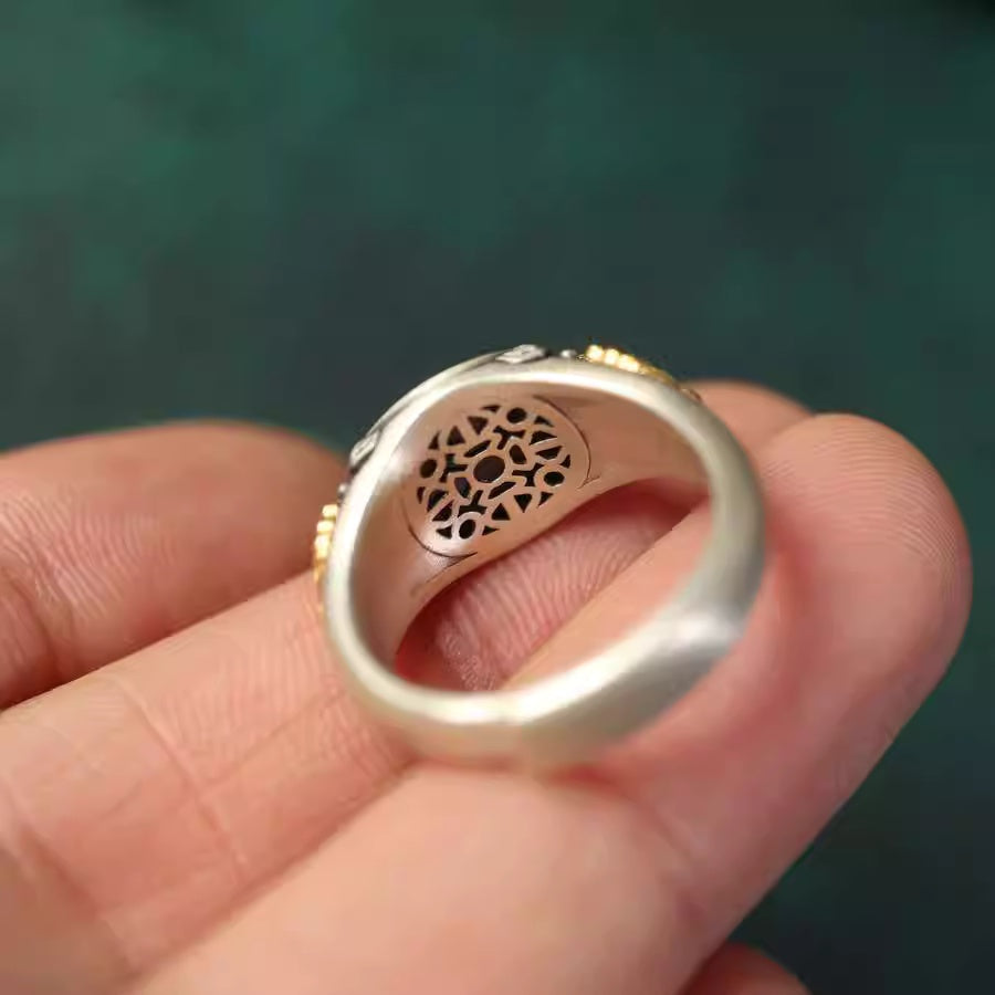 Third Eye Armor® Vajra Design Silver Ring with Dzi Bead