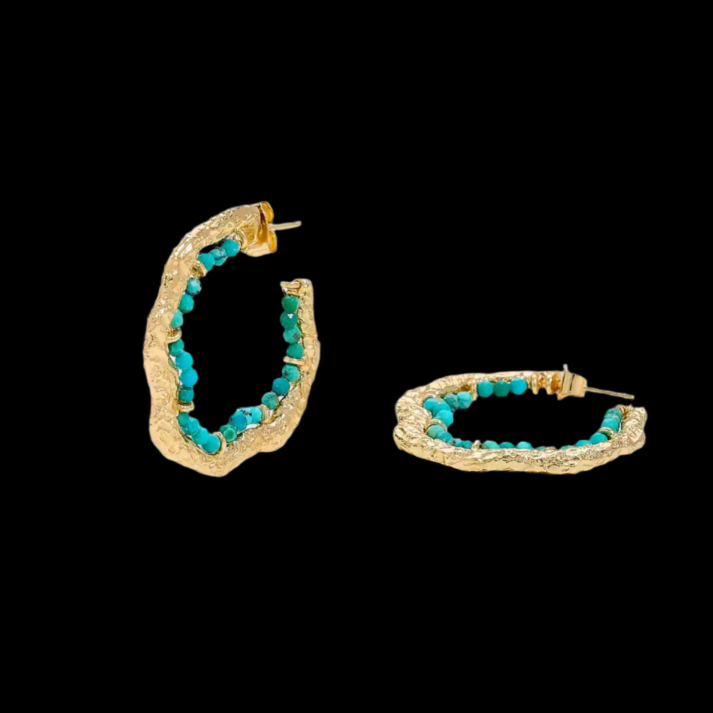 Textured Gold Hoop Earrings with Turquoise or Freshwater Pearls