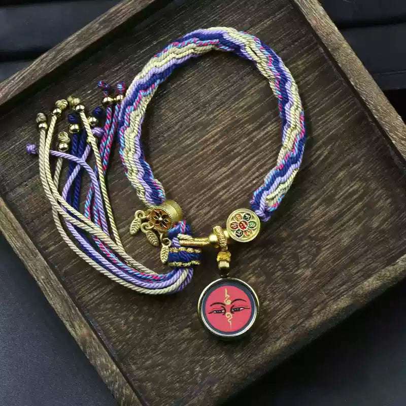 Hand-Painted Tibetan Thangka Zha Ki Ram Bracelet with Green Tara and Five Buddhas