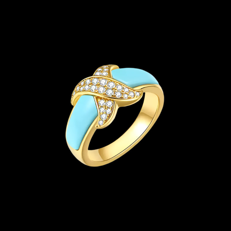 Turquoise Inlay Ring with Crystal Accents in Gold-Plated Silver