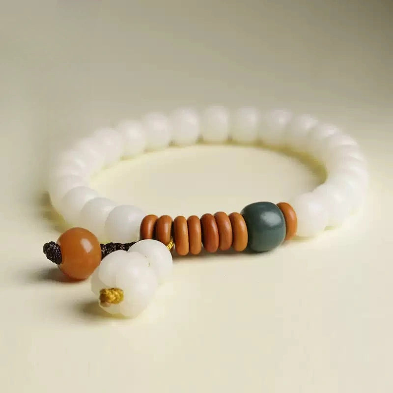 Tibetan White Bodhi Seed Bracelet with Jade & Ceramic Charms