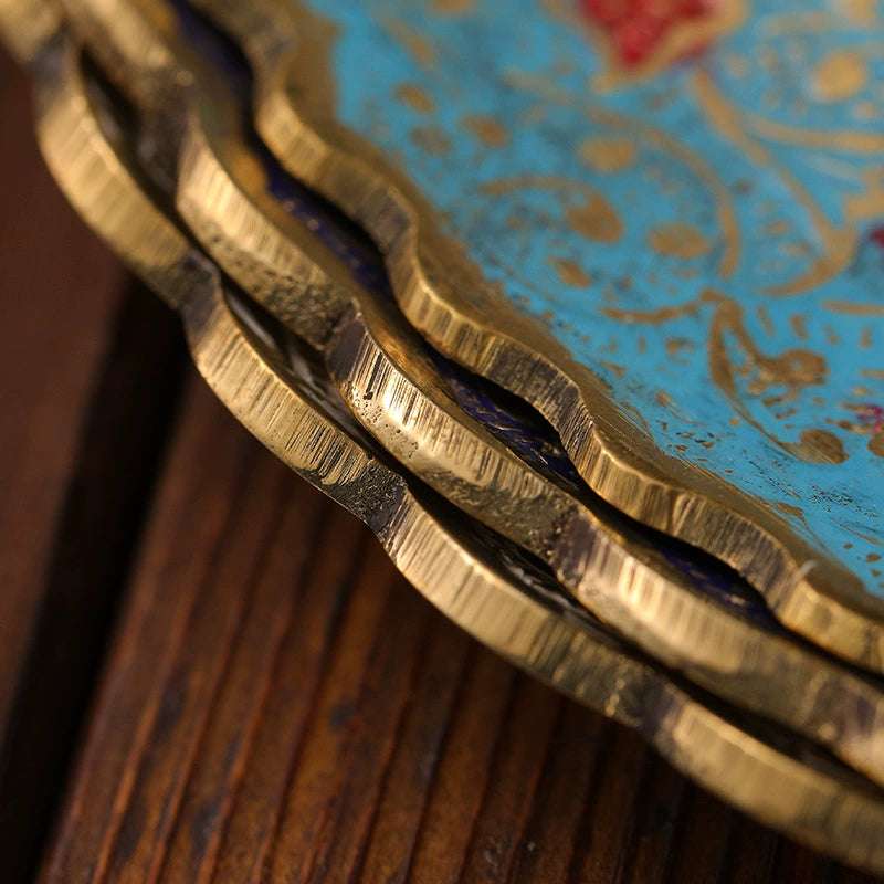 Tibetan Brass Decorative Plate - Hand-Painted Enamel with Lotus & Mandala Designs