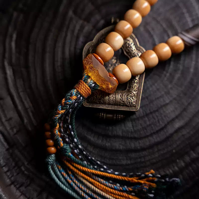 Natural Aged Bodhi Root Prayer Beads with Tassel – Tibetan Style