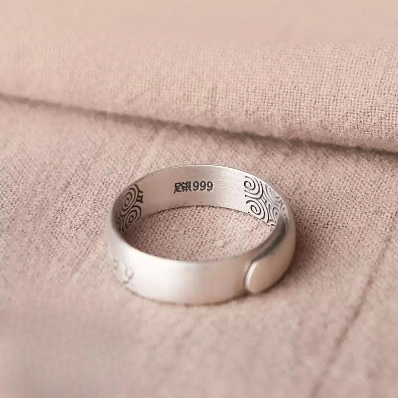 Tibetan Six-Word Mantra Wide Band Ring in Pure 999 Silver