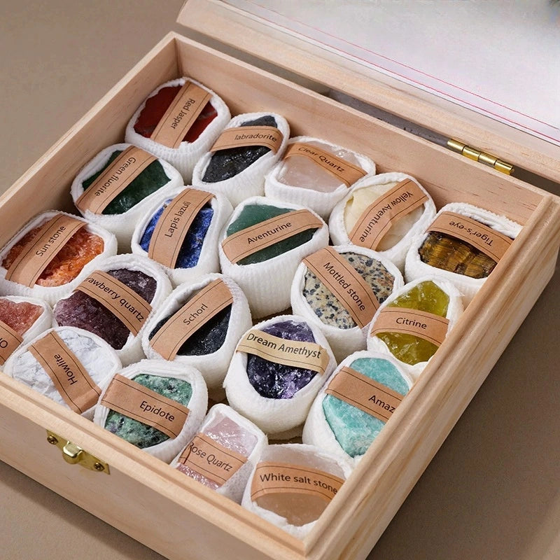20-Piece Raw Crystal Collection in Wooden Display Box for Healing