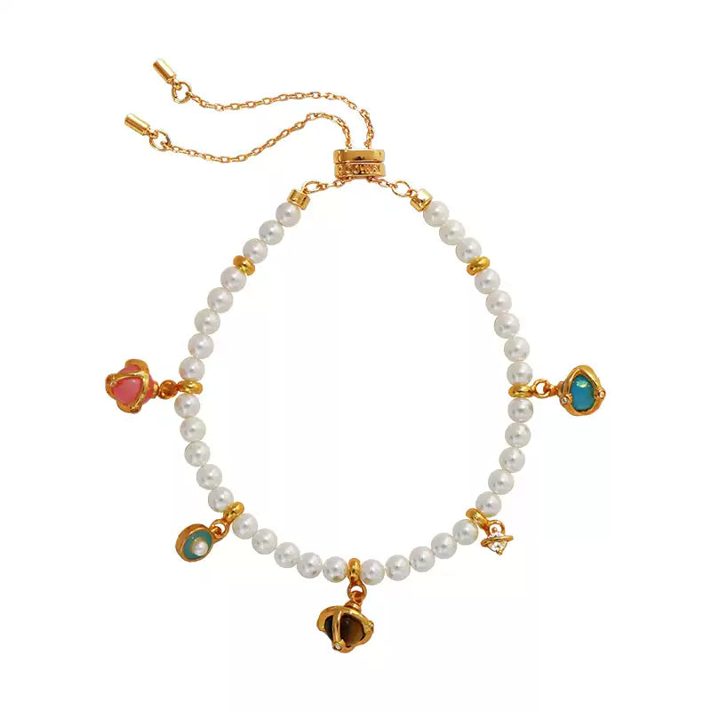 Opal & Gemstone Small Bead Pearl Bracelet with Gold Accents