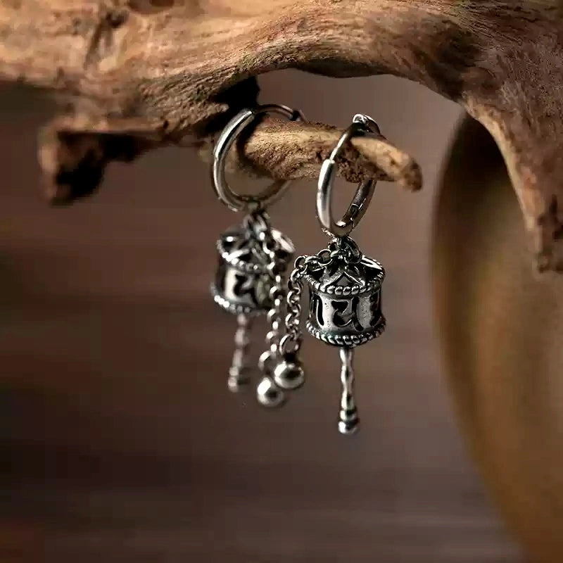Tibetan S925 Silver Earrings with Six-Word Mantra Prayer Wheel