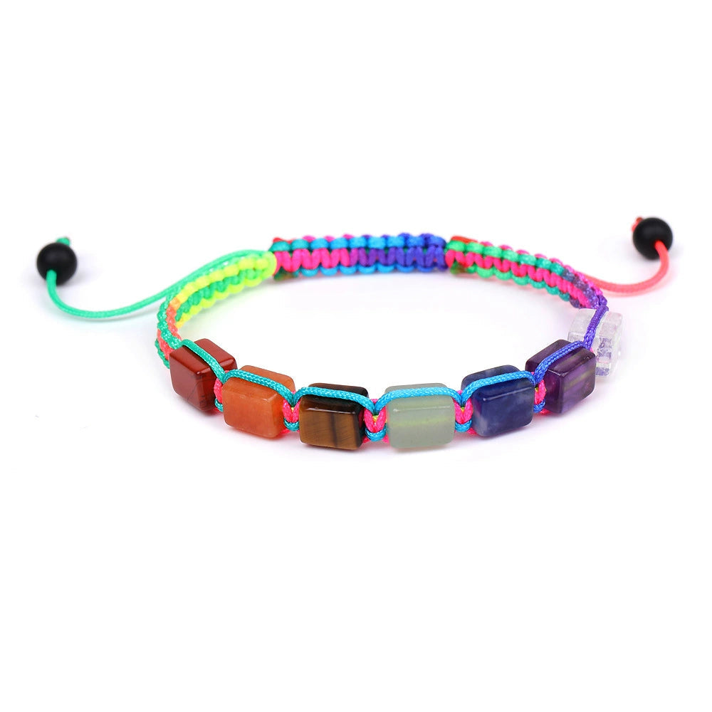 Tibetan Chakra Bracelet – Square Gemstone Beads, Adjustable Rope