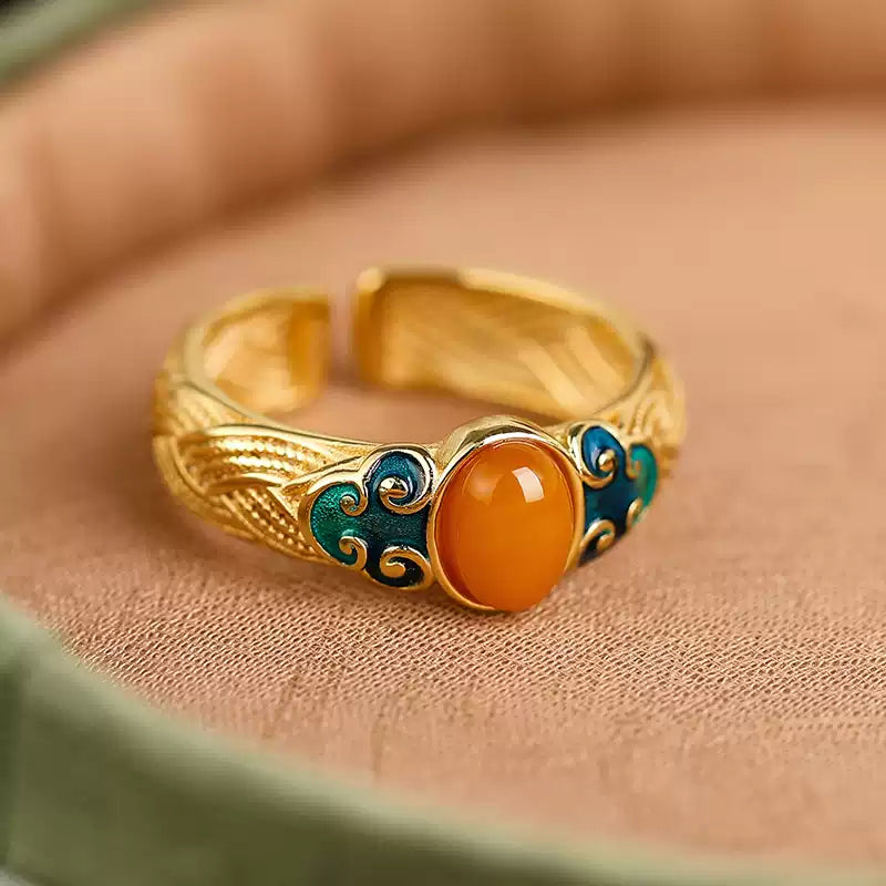 Garden of Empresses® 925 Silver Enamel Cloud Ring with Amber Charm