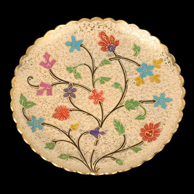 Tibetan Brass Decorative Plate - Hand-Painted Enamel with Lotus & Mandala Designs