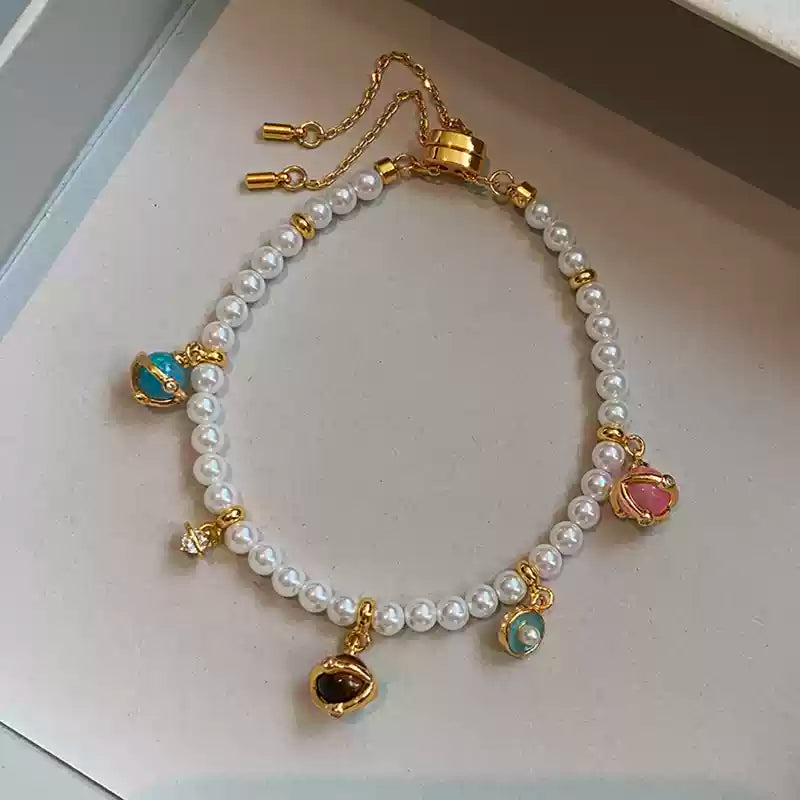 Opal & Gemstone Small Bead Pearl Bracelet with Gold Accents