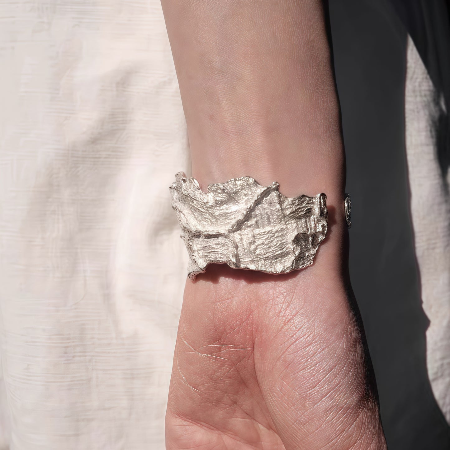 Handcrafted Silver Textured Cuff Bracelet with Organic Design