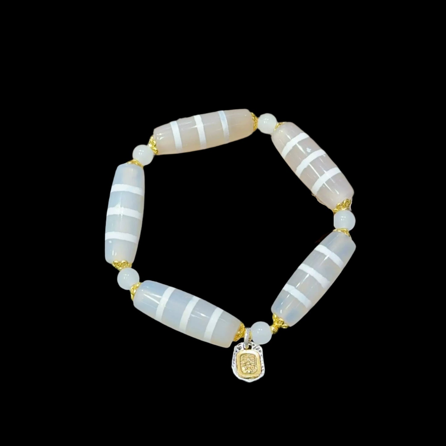 White Omen® Tibetan Three-Line Dzi Agate Bracelet with Gold Charm