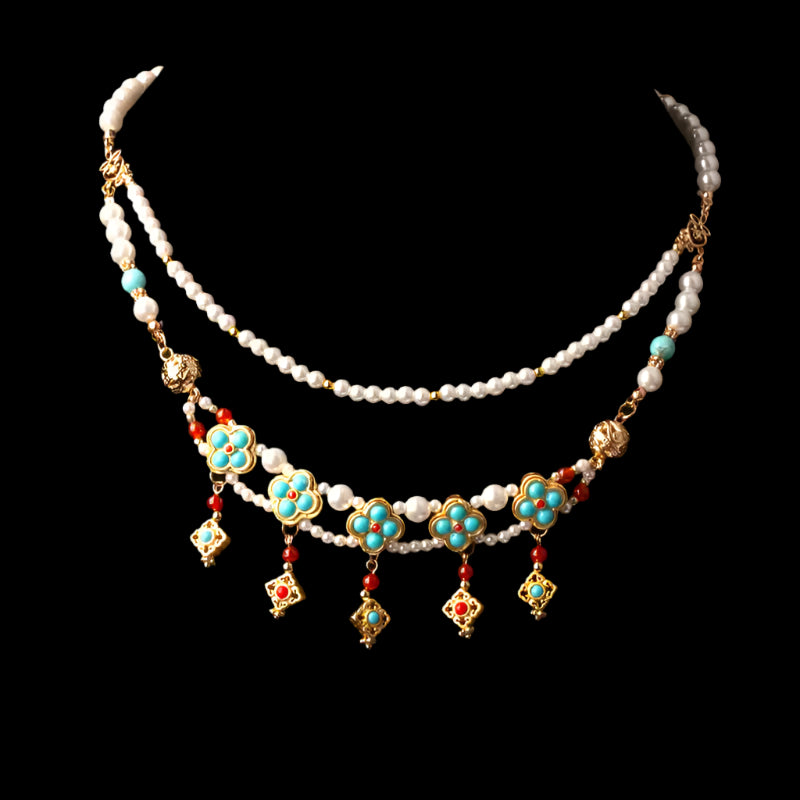Cloisonné Tibetan Pearl Tassel Necklace with Gold Accents