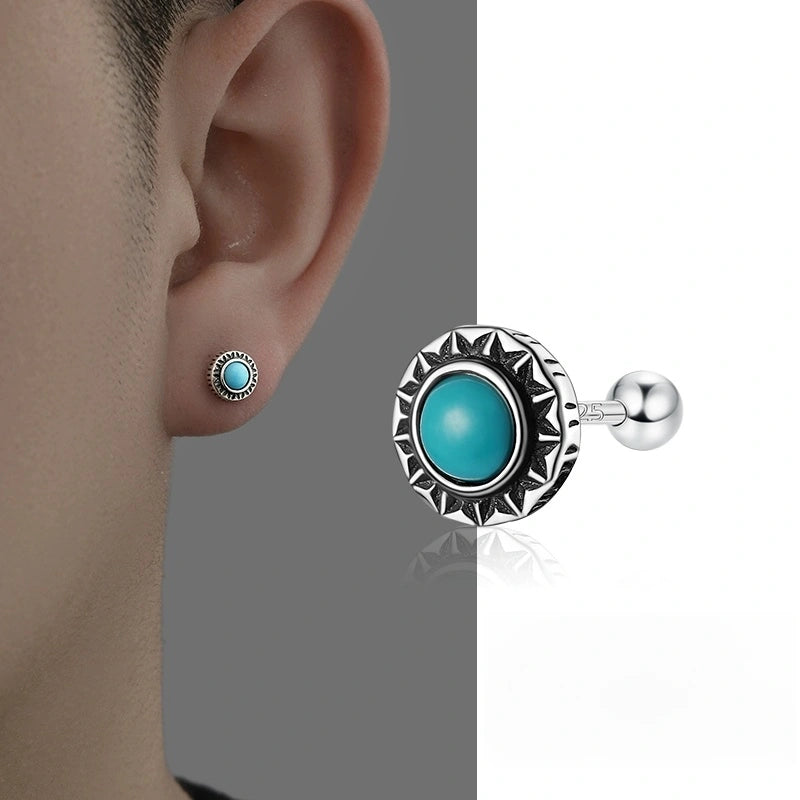 Tibetan Sterling Silver Stud Earrings with Turquoise Inlay