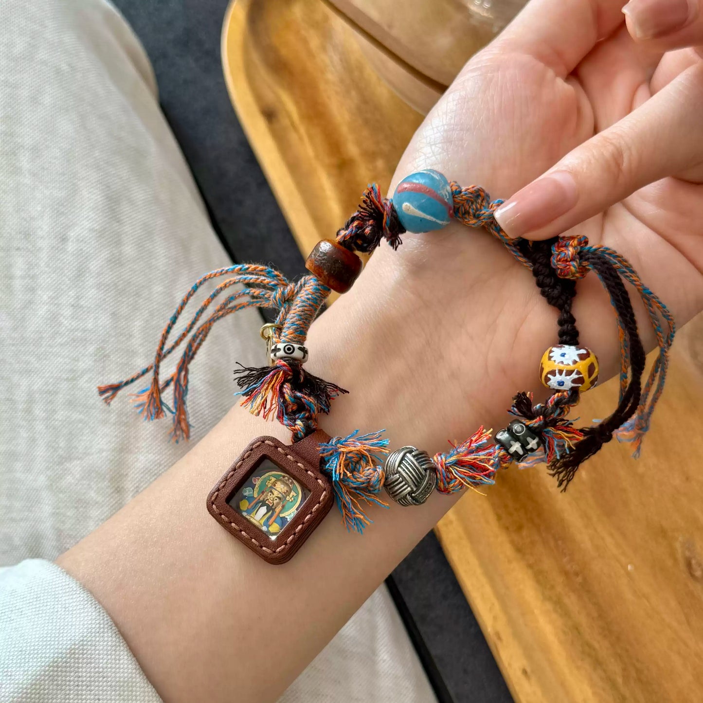 Tibetan Handmade Bracelet with Thangka, Yak Bone, Glass & Silver