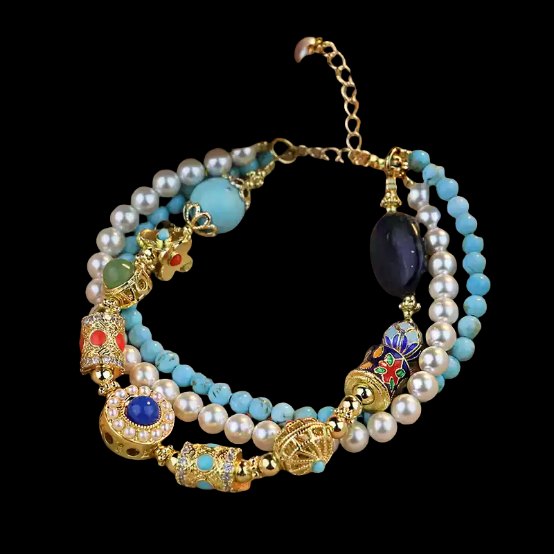 Tibetan Cloisonné & Turquoise Bracelet with Pearls & Gold Charms