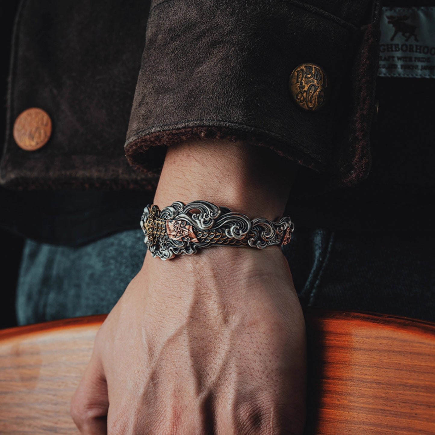 Tibetan Silver & Copper Bracelet with Coin & Sword Design