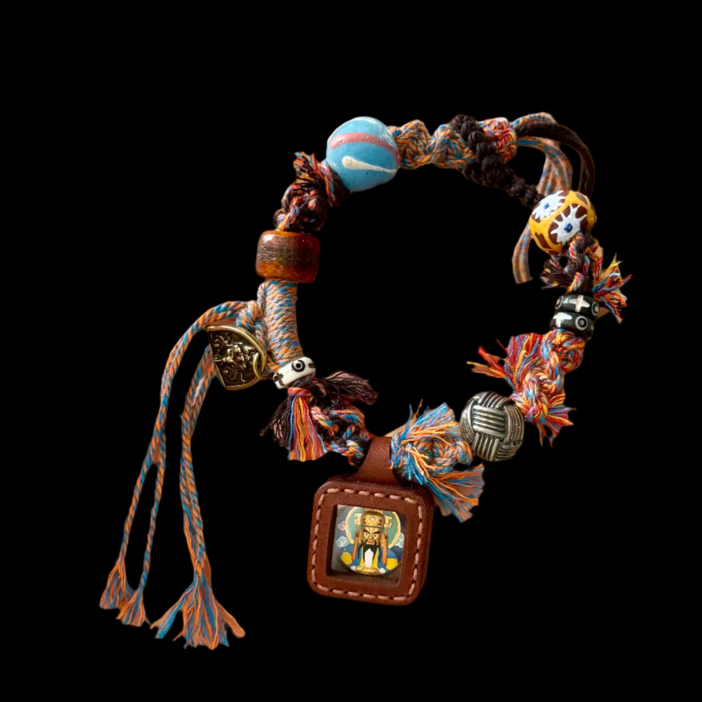 Tibetan Handmade Bracelet with Thangka, Yak Bone, Glass & Silver