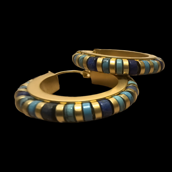 Vintage-Style Hoop Earrings with Lapis Lazuli and Turquoise Beads