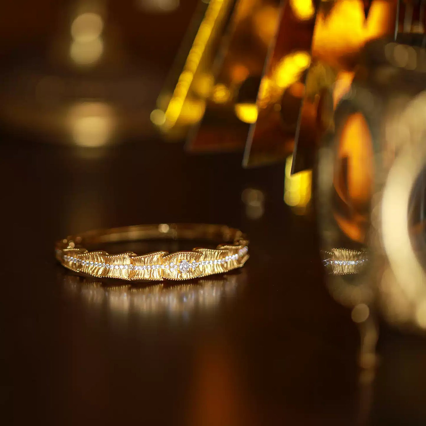 Imperial Ruffle Gold-Plated Silver Bangle with Pavé Detailing