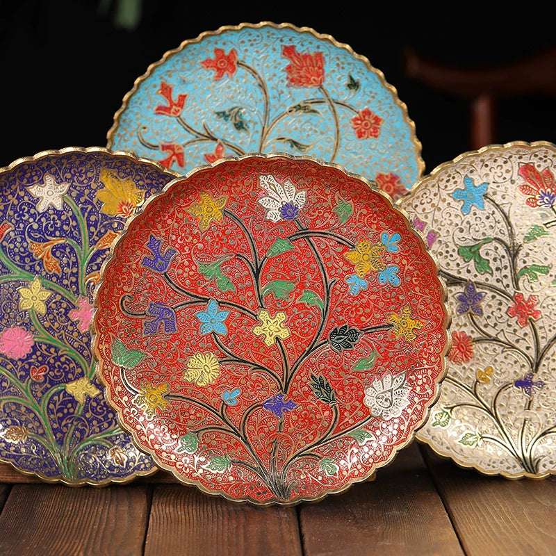 Tibetan Brass Decorative Plate - Hand-Painted Enamel with Lotus & Mandala Designs