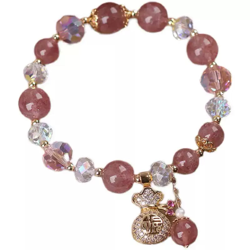 Tibetan Strawberry Quartz Bracelet with Crystal Beads & Wealth Charm