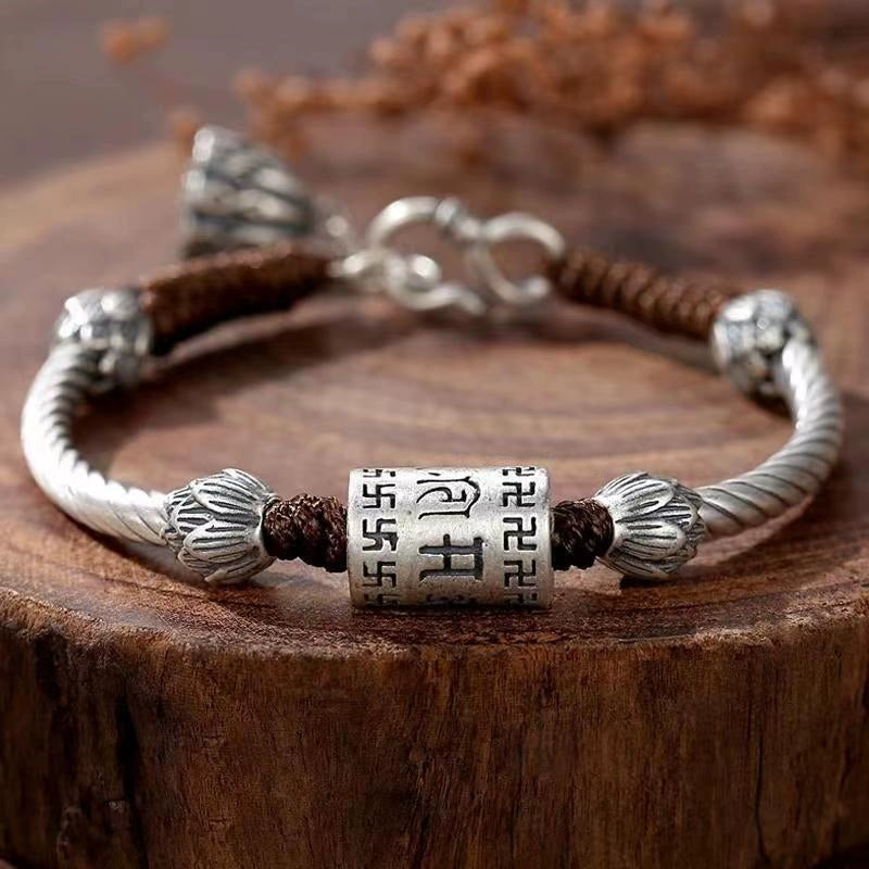 Tibetan Silver Mantra Bracelet with Woven Cord & Lotus Accents