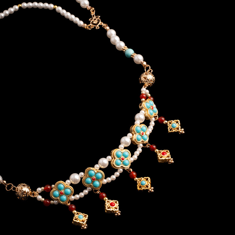 Cloisonné Tibetan Pearl Tassel Necklace with Gold Accents