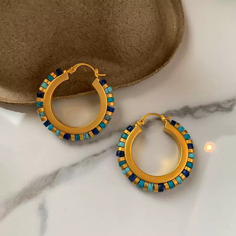 Vintage-Style Hoop Earrings with Lapis Lazuli and Turquoise Beads