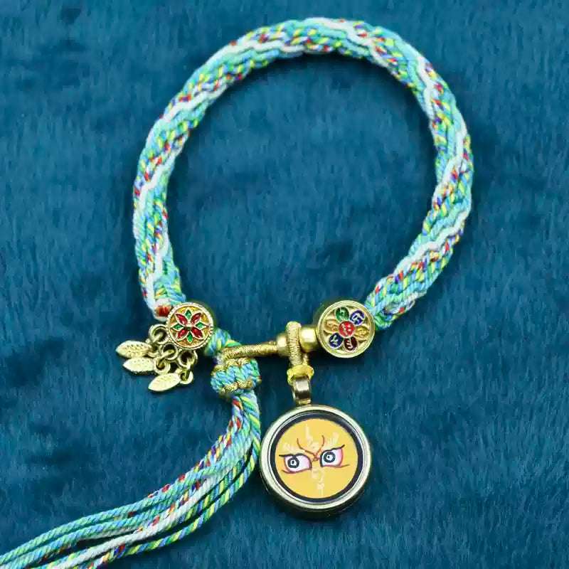 Hand-Painted Tibetan Thangka Zha Ki Ram Bracelet with Green Tara and Five Buddhas
