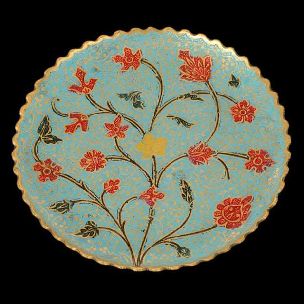 Tibetan Brass Decorative Plate - Hand-Painted Enamel with Lotus & Mandala Designs