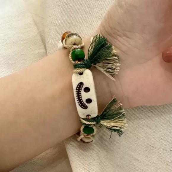 Funky Punky® Tibetan Smiling Face Bracelet with Carved Bone, Bodhi & Green Sandalwood