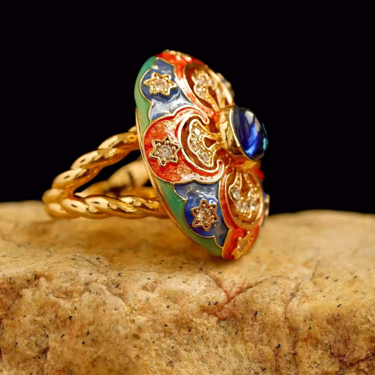 Tibetan Handcrafted Agate and Enamel Ring – Intricate Natural Stone and Traditional Enamel Work