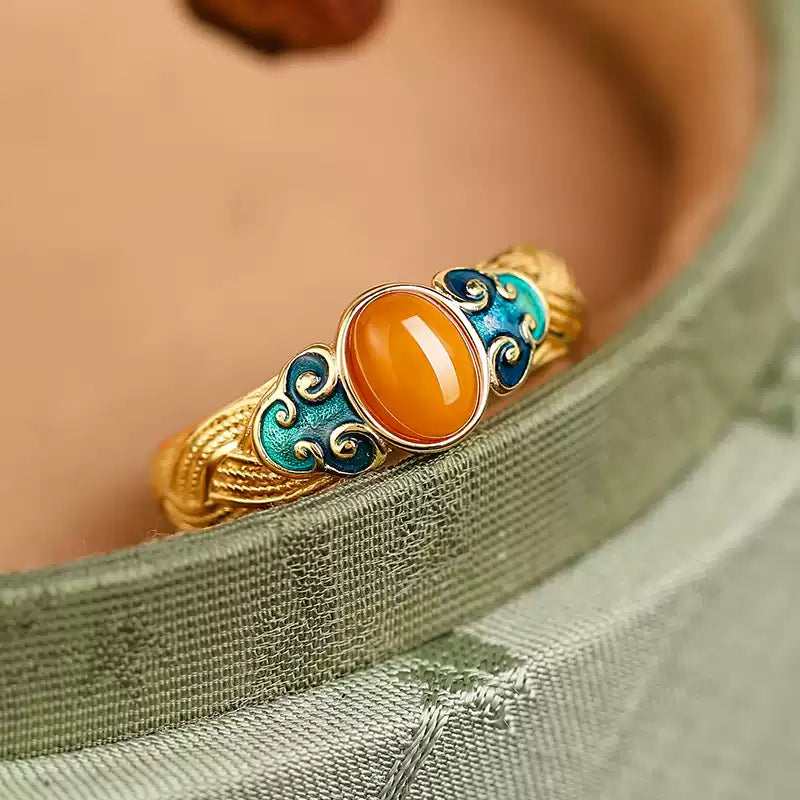 Garden of Empresses® 925 Silver Enamel Cloud Ring with Amber Charm